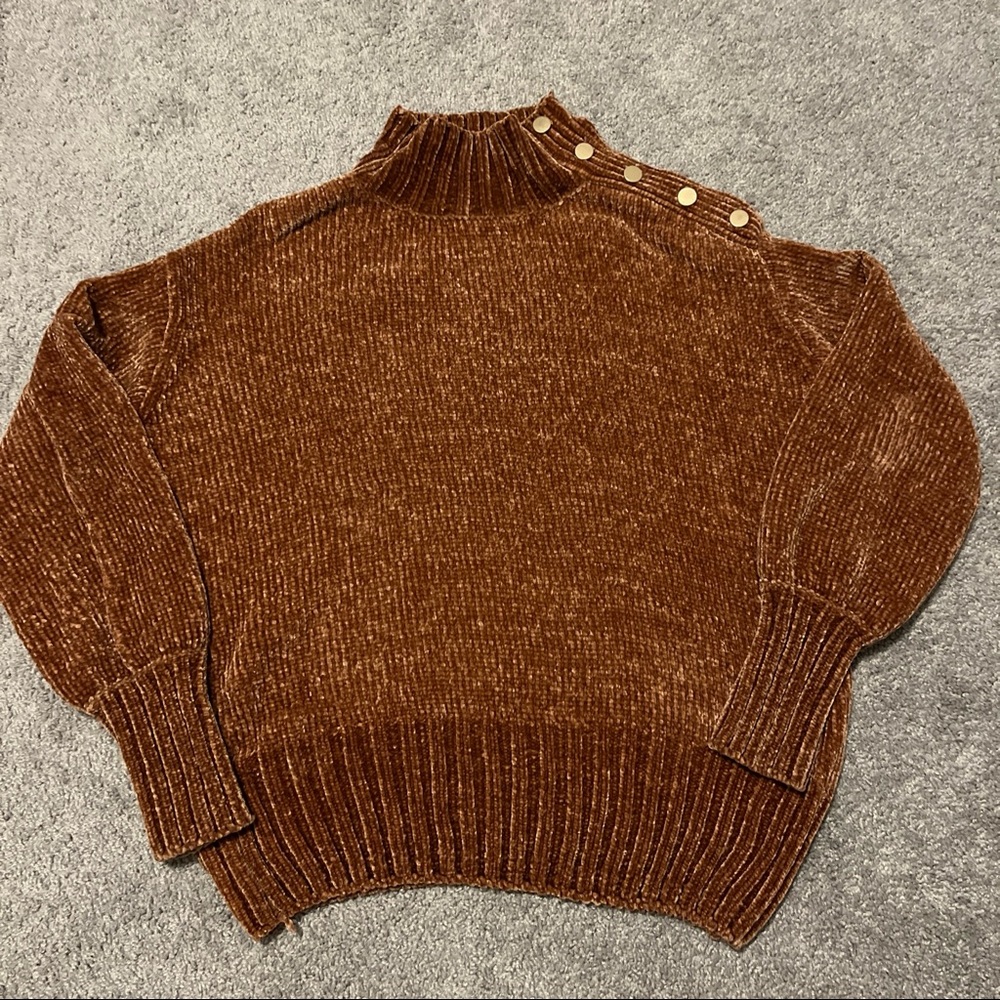 Cynthia Rowley Brown chenille cozy oversized Turtleneck Sweater gold buttons - Picture 4 of 8